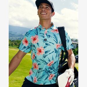 Bad Birdie Never Lei Up Floral Golf Polo Shirt Mens 2XL Teal Hawaiian Activewear